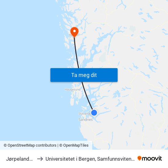 Jørpelandsvågen to Universitetet i Bergen, Samfunnsvitenskapelig fakultet map