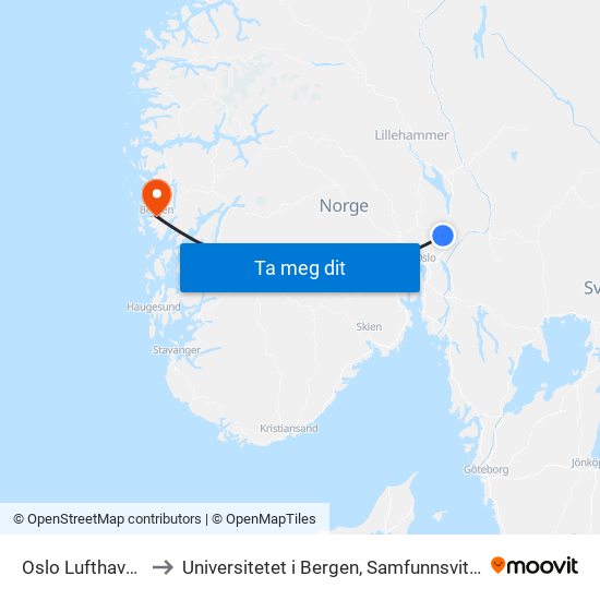 Oslo Lufthavn Stasjon to Universitetet i Bergen, Samfunnsvitenskapelig fakultet map