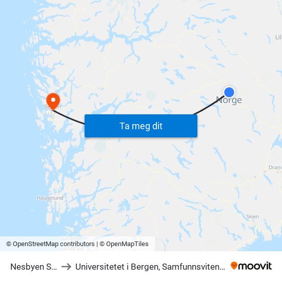 Nesbyen Stasjon to Universitetet i Bergen, Samfunnsvitenskapelig fakultet map