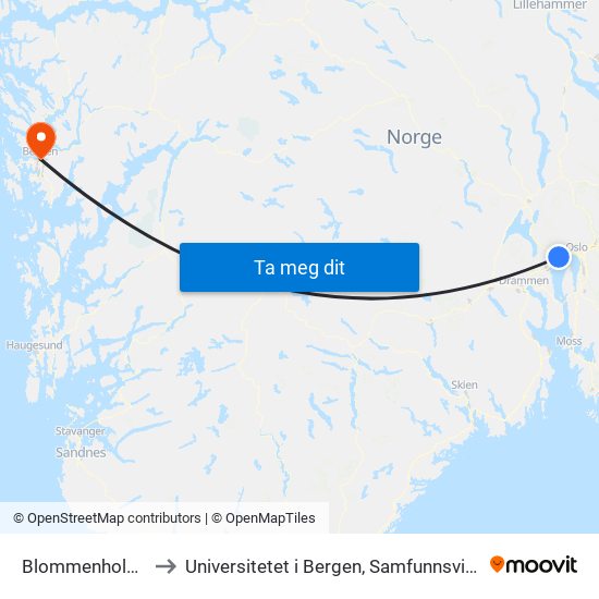 Blommenholm Stasjon to Universitetet i Bergen, Samfunnsvitenskapelig fakultet map