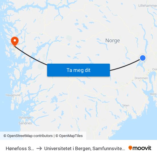 Hønefoss Sentrum to Universitetet i Bergen, Samfunnsvitenskapelig fakultet map