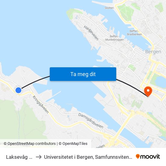 Laksevåg Senter to Universitetet i Bergen, Samfunnsvitenskapelig fakultet map