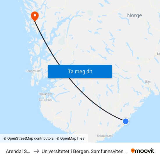 Arendal Stasjon to Universitetet i Bergen, Samfunnsvitenskapelig fakultet map