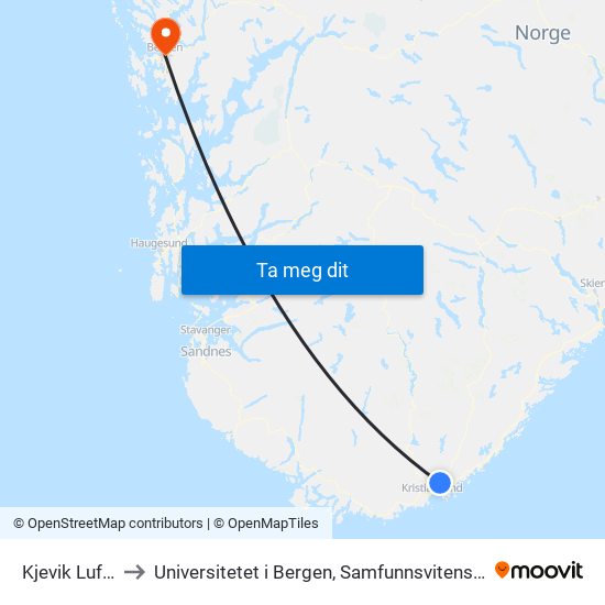 Kjevik Lufthavn to Universitetet i Bergen, Samfunnsvitenskapelig fakultet map