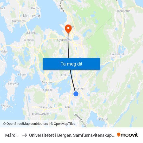 Mårdalen to Universitetet i Bergen, Samfunnsvitenskapelig fakultet map