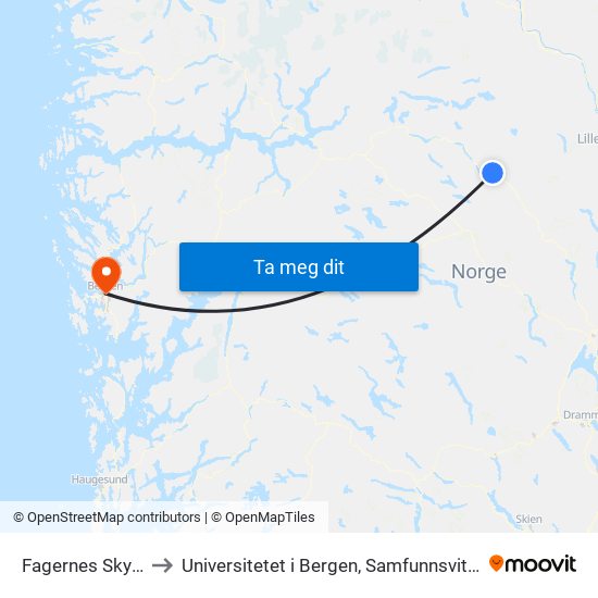 Fagernes Skysstasjon to Universitetet i Bergen, Samfunnsvitenskapelig fakultet map