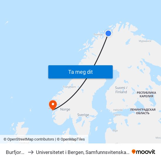 Burfjord E6 to Universitetet i Bergen, Samfunnsvitenskapelig fakultet map