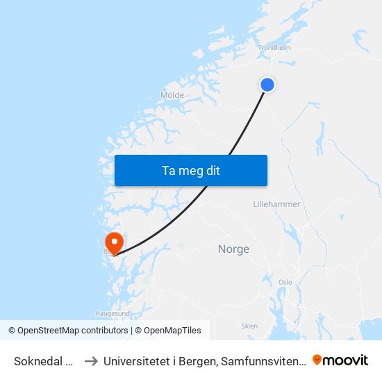 Soknedal Stasjon to Universitetet i Bergen, Samfunnsvitenskapelig fakultet map