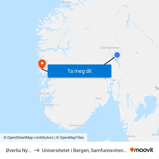 Øverlia Nybygda to Universitetet i Bergen, Samfunnsvitenskapelig fakultet map