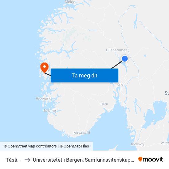 Tåsåsen to Universitetet i Bergen, Samfunnsvitenskapelig fakultet map