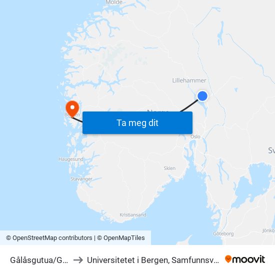 Gålåsgutua/Gålåsvegen to Universitetet i Bergen, Samfunnsvitenskapelig fakultet map