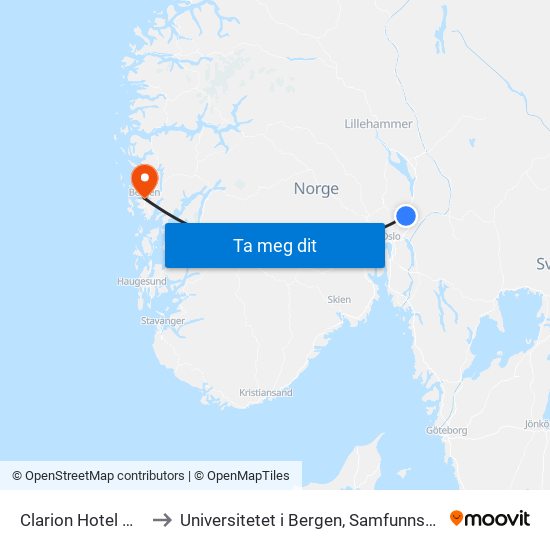 Clarion Hotel Oslo Airport to Universitetet i Bergen, Samfunnsvitenskapelig fakultet map
