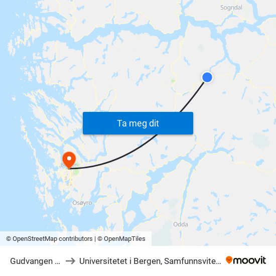 Gudvangen Ferjekai to Universitetet i Bergen, Samfunnsvitenskapelig fakultet map