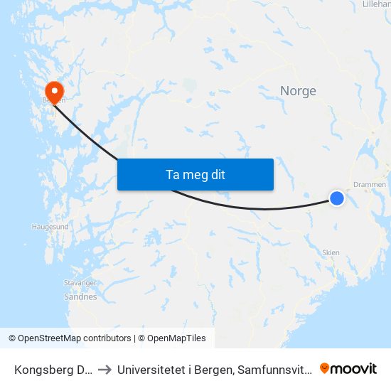 Kongsberg Diseplass to Universitetet i Bergen, Samfunnsvitenskapelig fakultet map