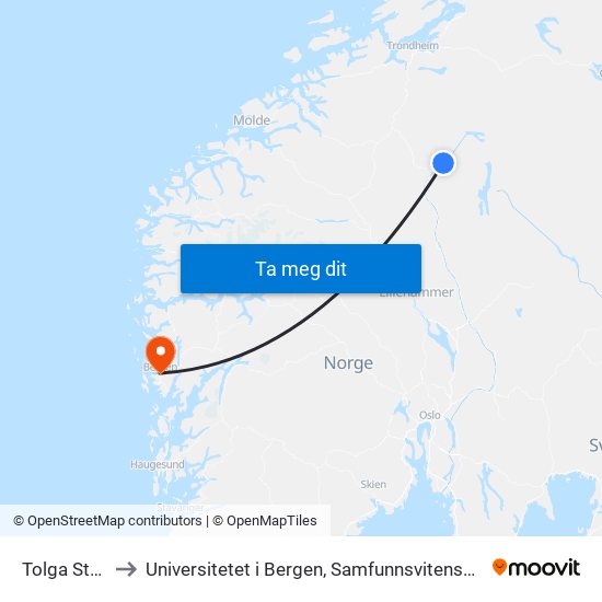 Tolga Stasjon to Universitetet i Bergen, Samfunnsvitenskapelig fakultet map