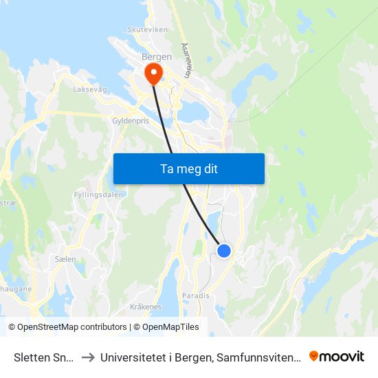 Sletten Snuplass to Universitetet i Bergen, Samfunnsvitenskapelig fakultet map