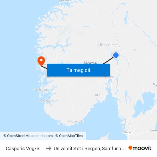 Casparis Veg/Solvangvegen to Universitetet i Bergen, Samfunnsvitenskapelig fakultet map