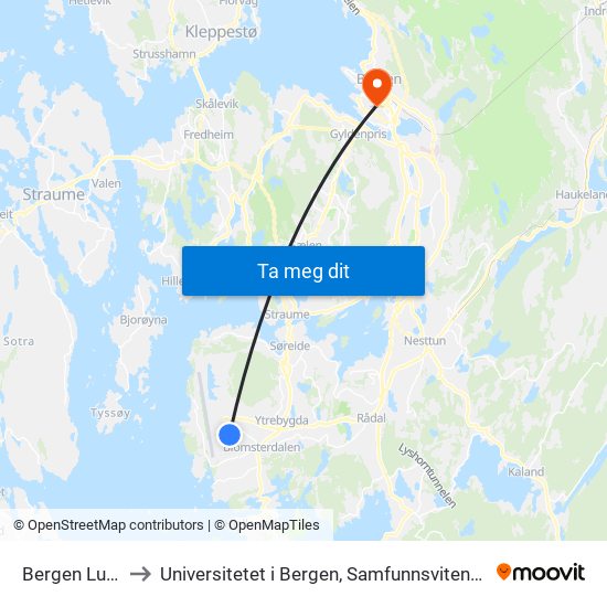 Bergen Lufthavn to Universitetet i Bergen, Samfunnsvitenskapelig fakultet map