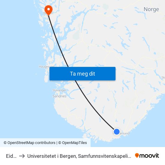 Eidså to Universitetet i Bergen, Samfunnsvitenskapelig fakultet map