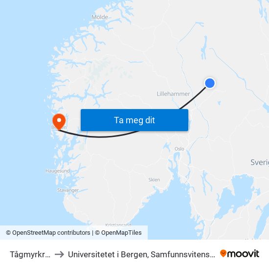 Tågmyrkrysset to Universitetet i Bergen, Samfunnsvitenskapelig fakultet map