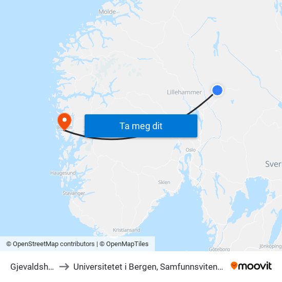 Gjevaldshaugen to Universitetet i Bergen, Samfunnsvitenskapelig fakultet map