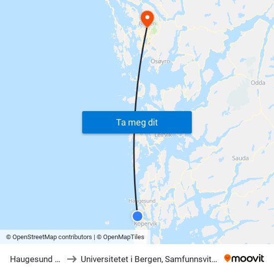 Haugesund Lufthavn to Universitetet i Bergen, Samfunnsvitenskapelig fakultet map