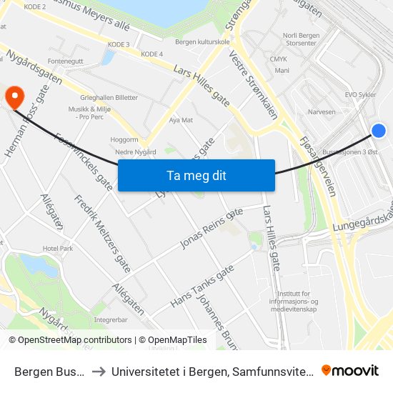 Bergen Busstasjon to Universitetet i Bergen, Samfunnsvitenskapelig fakultet map