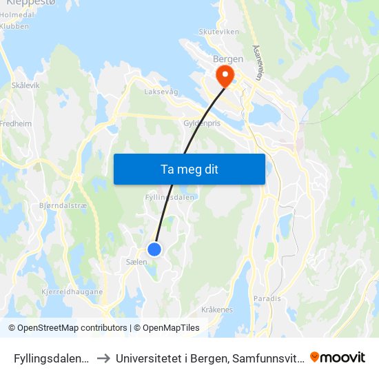 Fyllingsdalen Terminal to Universitetet i Bergen, Samfunnsvitenskapelig fakultet map