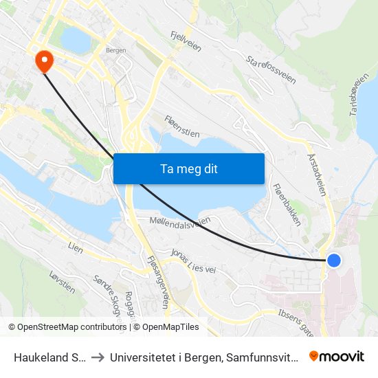 Haukeland Sjukehus to Universitetet i Bergen, Samfunnsvitenskapelig fakultet map