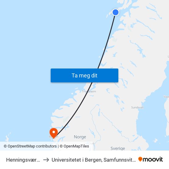 Henningsvær Sentrum to Universitetet i Bergen, Samfunnsvitenskapelig fakultet map