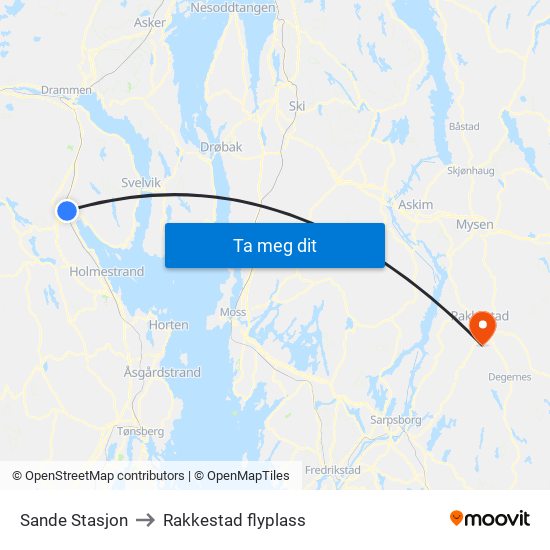 Sande Stasjon to Rakkestad flyplass map