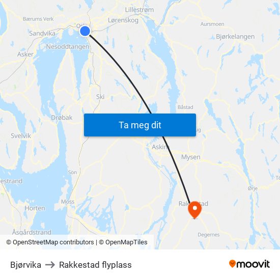 Bjørvika to Rakkestad flyplass map