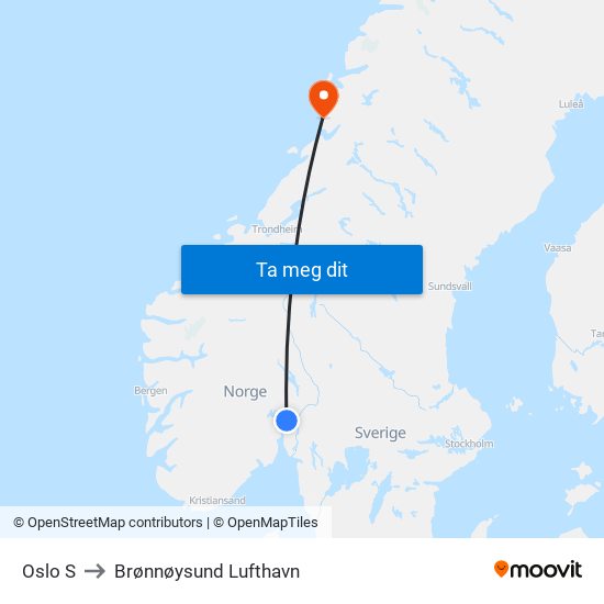 Oslo S to Brønnøysund Lufthavn map