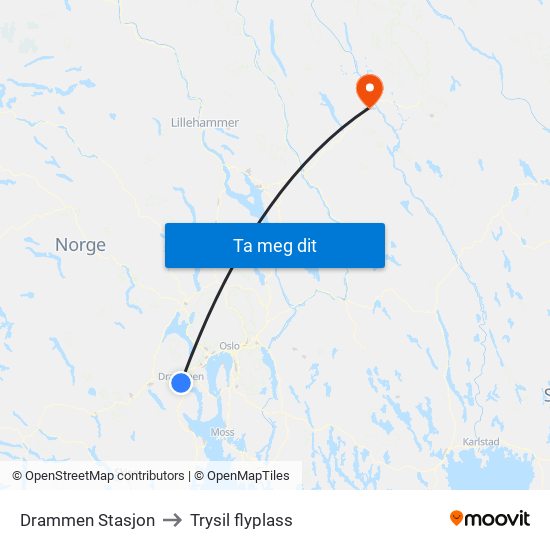 Drammen Stasjon to Trysil flyplass map