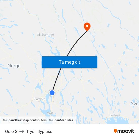 Oslo S to Trysil flyplass map