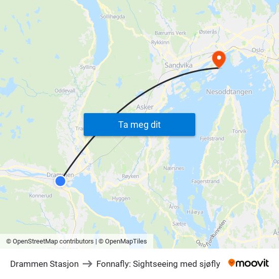 Drammen Stasjon to Fonnafly: Sightseeing med sjøfly map