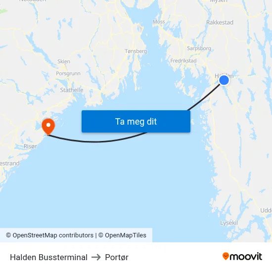 Halden Bussterminal to Portør map