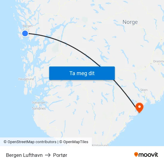 Bergen Lufthavn to Portør map
