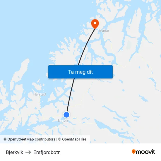 Bjerkvik to Ersfjordbotn map