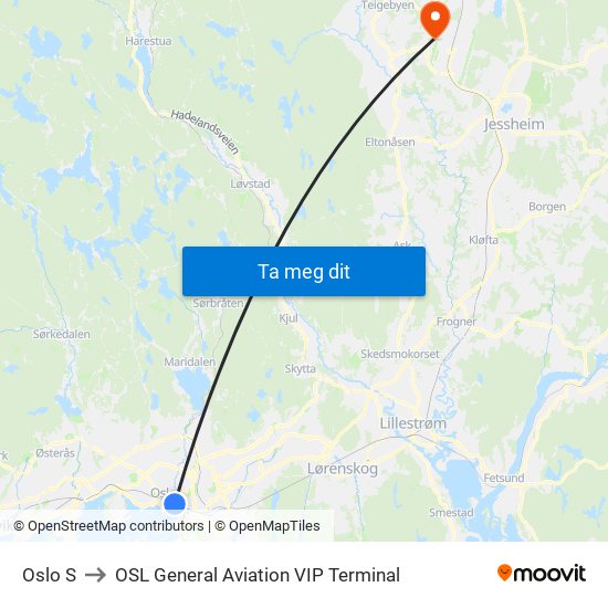 Oslo S to OSL General Aviation VIP Terminal map