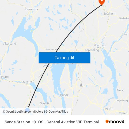 Sande Stasjon to OSL General Aviation VIP Terminal map