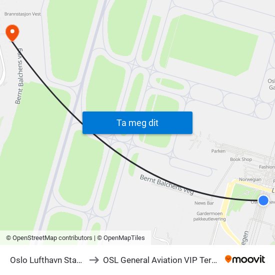 Oslo Lufthavn Stasjon to OSL General Aviation VIP Terminal map