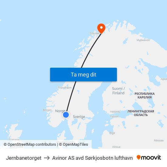 Jernbanetorget to Avinor AS avd Sørkjosbotn lufthavn map