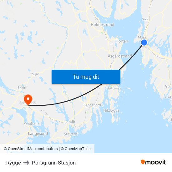 Rygge to Porsgrunn Stasjon map