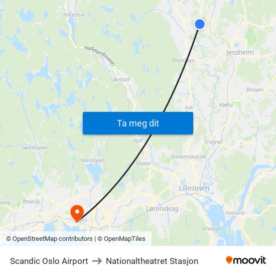 Scandic Oslo Airport to Nationaltheatret Stasjon map