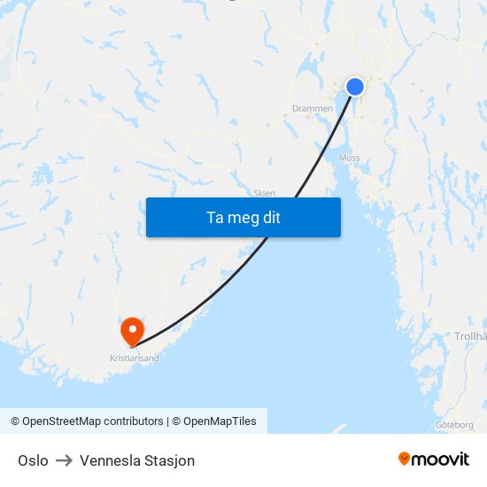 Oslo to Vennesla Stasjon map