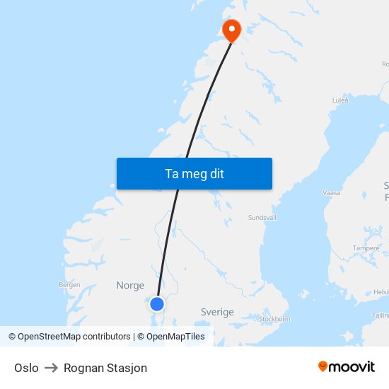 Oslo to Rognan Stasjon map