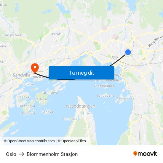 Oslo to Blommenholm Stasjon map