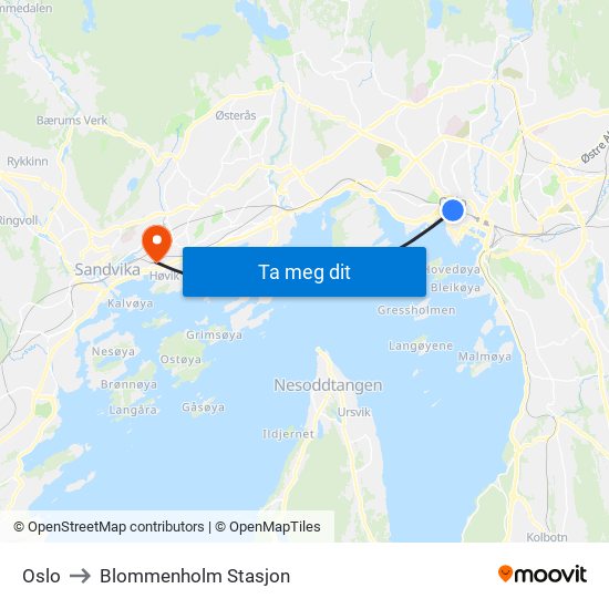 Oslo to Blommenholm Stasjon map