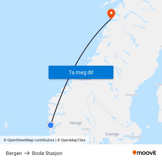 Bergen to Bodø Stasjon map